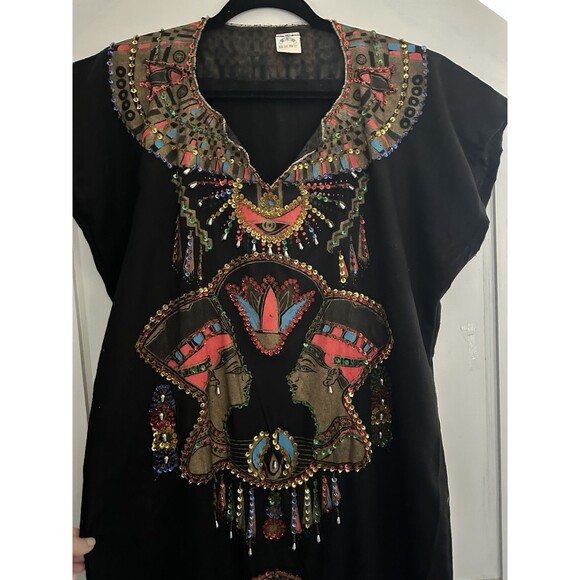 HB BRSY Egyptian Kafkan Dress Black Gold Beaded Sequin Nefertiti Tutankhamun M - Picture 2 of 6